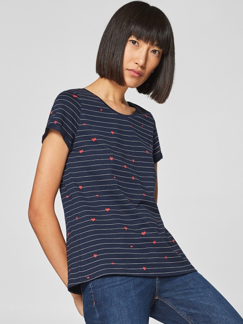 

ESPRIT Women Navy Blue & White Striped Round Neck T-shirt