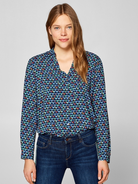

ESPRIT Women Navy & Red Regular Fit Printed Casual Shirt, Navy blue
