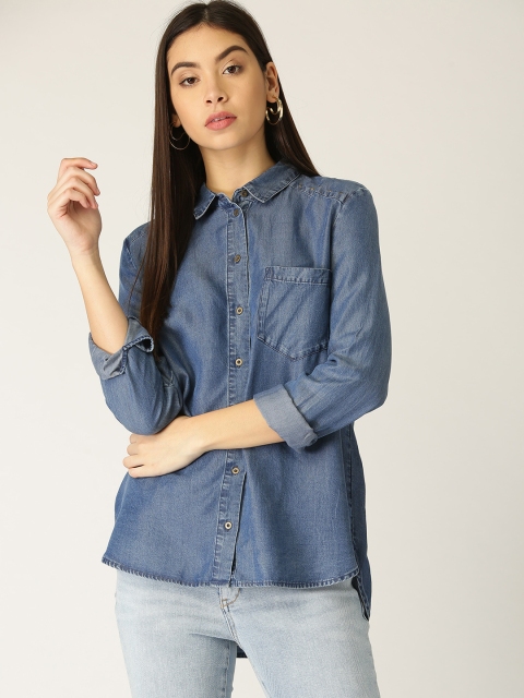 

ESPRIT Women Blue Regular Fit Solid Casual Chambray Shirt