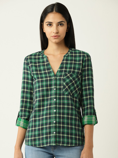

ESPRIT Women Green & Navy Blue Regular Fit Checked Casual Shirt