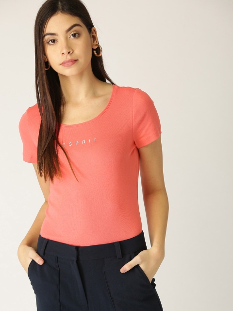 

ESPRIT Women Coral Pink Solid Round Neck T-shirt