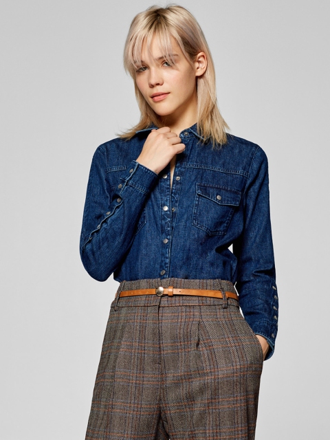 

ESPRIT Women Navy Regular Fit Solid Denim Shirt, Navy blue