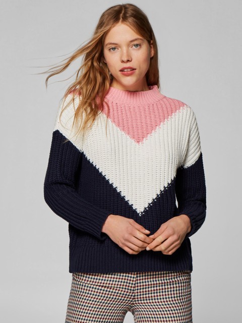 

ESPRIT Women Navy Blue & White Colourblocked Sweater