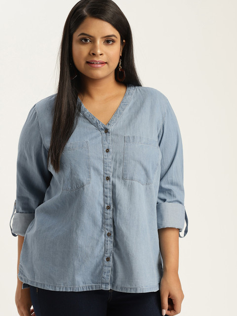 

Sztori Plus Size Women Blue Solid Chambray Pure Cotton Top
