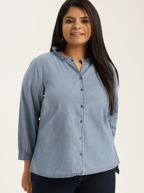 

Sztori Plus Size Women Blue Solid Chambray Shirt Style Pure Cotton Top