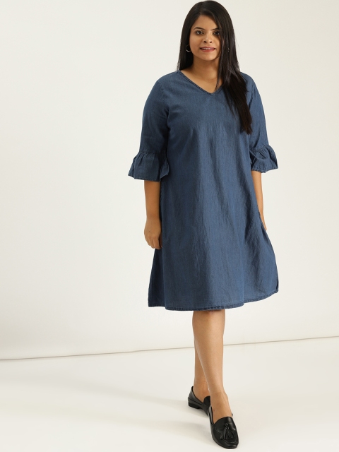 

Sztori Plus Size Women Blue Solid Chambray A-Line Dress