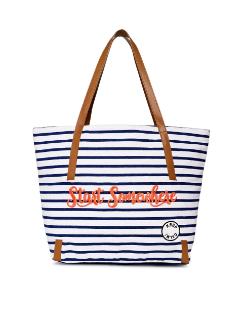 

Kanvas Katha White & Navy Blue Striped Shoulder Bag