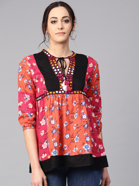 

Rain & Rainbow Women Pink & Orange Printed A-Line Pure Cotton Top
