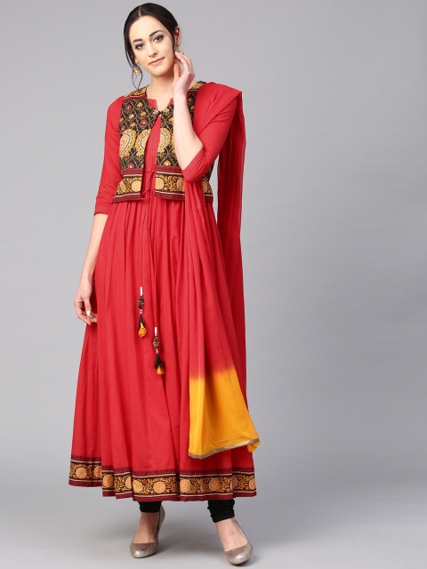 

Rain & Rainbow Women Red & Black Solid Kurta with Churidar & Dupatta