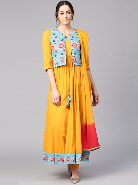 

Rain & Rainbow Women Mustard Yellow & Blue Solid Kurta with Churidar & Dupatta