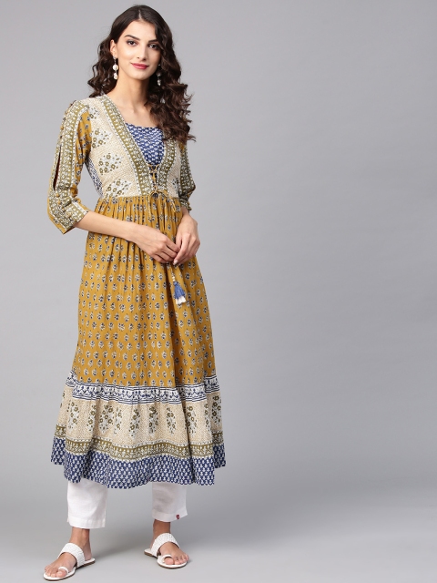 

Rain & Rainbow Women Mustard Brown & Off-White Printed A-Line Kurta