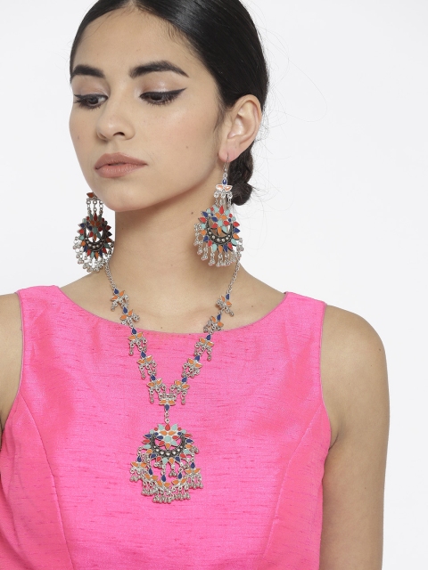 

YouBella Oxidised Silver-Toned Stone-Studded Jewellery Set