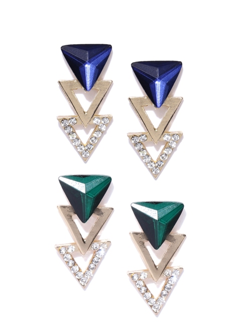 

YouBella Set of 2 Gold-Plated Stone-Studded Triangular Drop Earrings, Navy blue