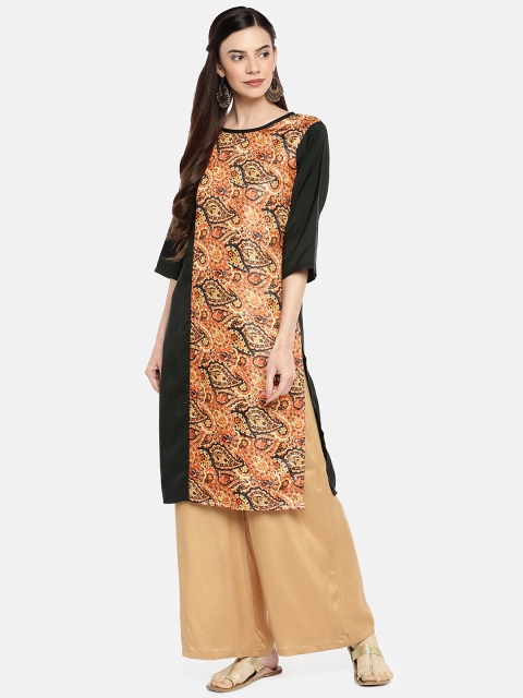 

Satrani Women Black & Orange Printed Straight Kurta