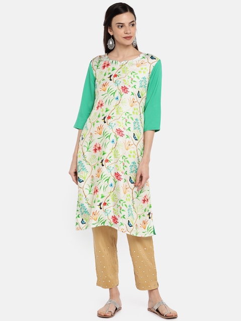 

Satrani Women Green & White Printed Straight Kurta