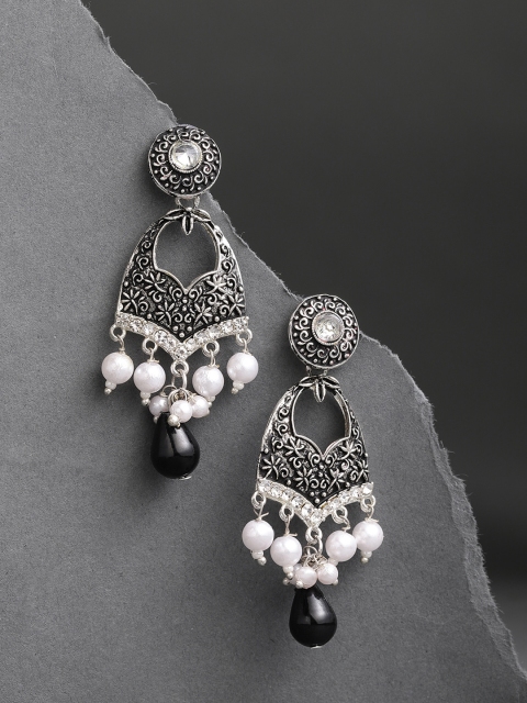 

Sukkhi Silver-Toned & Black Oxidised Contemporary Drop Earrings