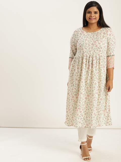 

Sztori Plus Size Women Off-White Pink Floral Print A-Line Kurta