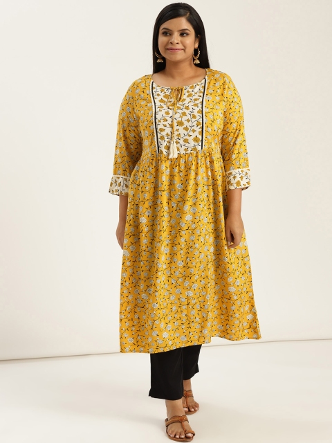 

Sztori Plus Size Women Mustard Yellow Black Floral Print A-Line Kurta