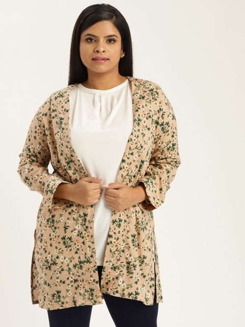 

Sztori Plus Size Beige Green Printed Open Front Shrug