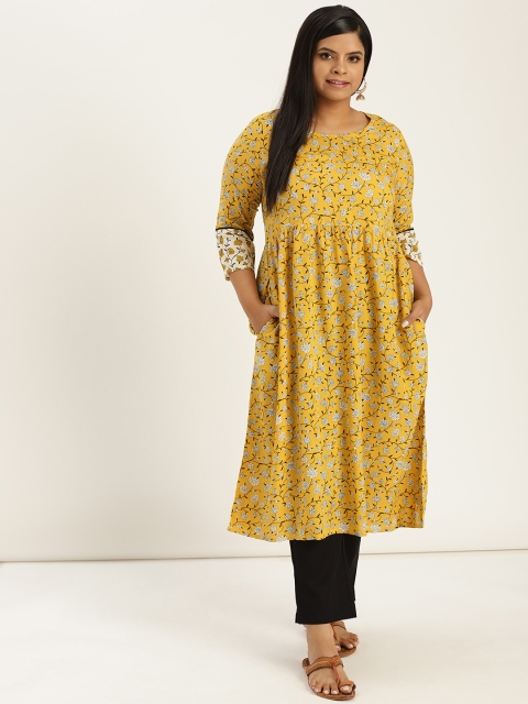 

Sztori Plus Size Women Mustard Yellow Black Floral Print A-Line Kurta