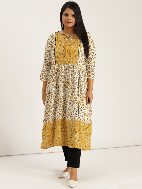 

Sztori Plus Size Women White Yellow Printed A-Line Kurta