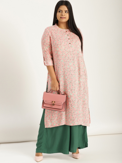 

Sztori Plus Size Women Peach-Coloured Green Printed Kurta with Palazzos