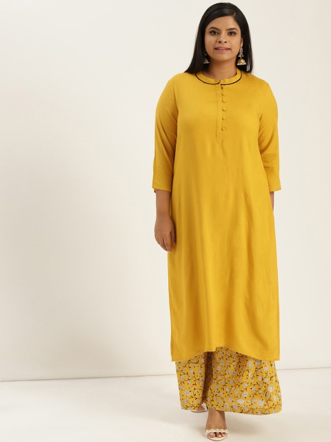 

Sztori Plus Size Women Mustard Yellow Off-White Solid Kurta with Palazzos