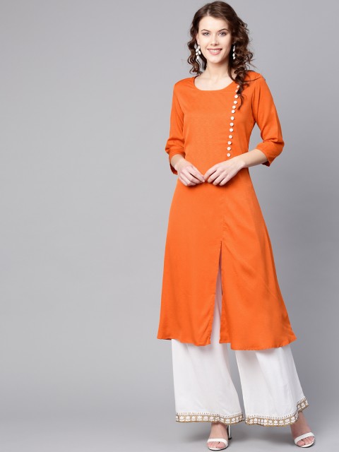 

Shree Women Orange Self Design A-Line Kurta