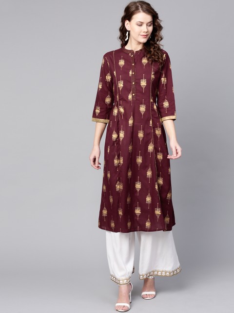 

Shree Women Burgundy & Golden Printed A-Line Kurta
