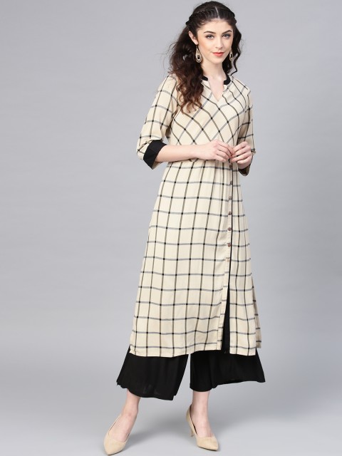 

Shree Women Beige & Black Checked A-Line Kurta