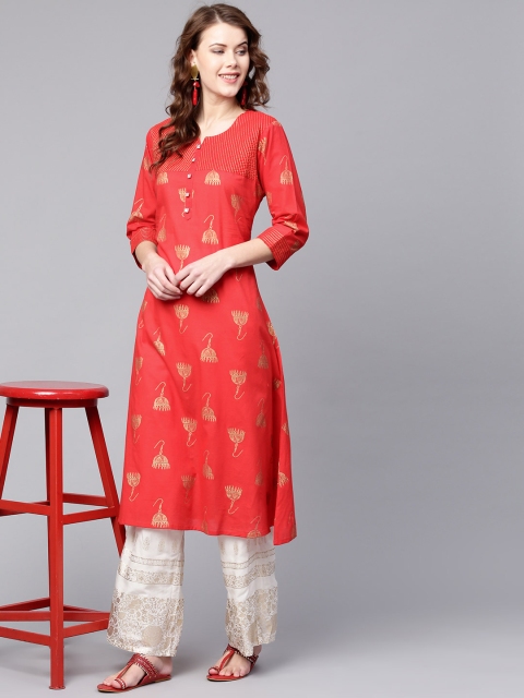 

Shree Women Red & Golden Printed A-Line Kurta