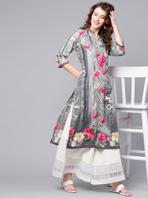 

Shree Women Grey & Pink Floral Print Straight Kurta