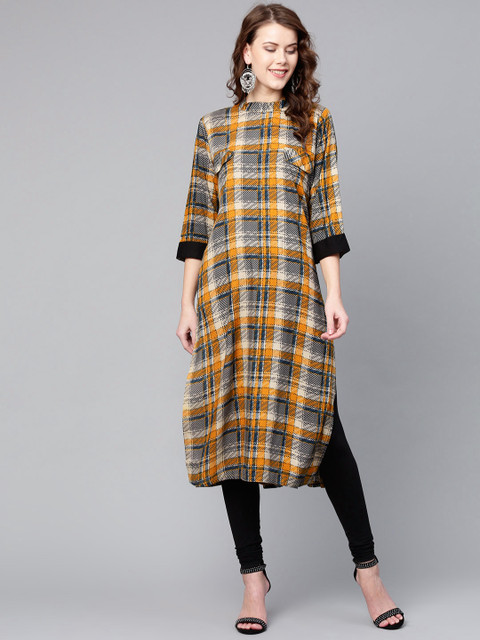

Shree Women Mustard Yellow & Blue Checked Straight Kurta