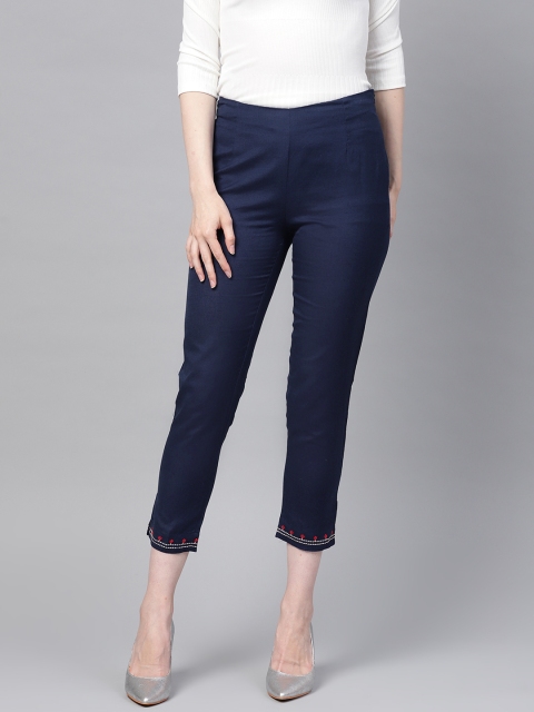 

W Women Navy Blue Crop Cigarette Trousers