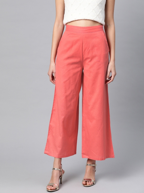 

W Women Coral Pink Straight Fit Solid Cropped Palazzos