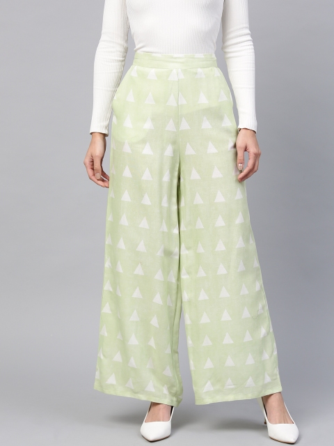 

W Women Green & White Printed Wide Leg Palazzos