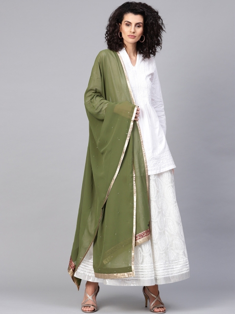 

WISHFUL by W Women Olive Green Dupatta with Mukaish Work