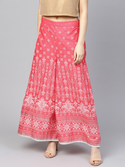 

W Women Coral Pink & White Printed Flared Palazzos