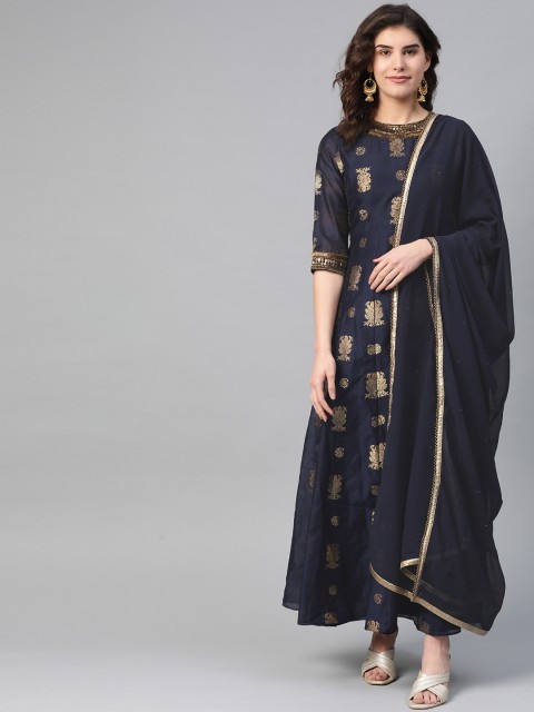

WISHFUL by W Women Navy Blue & Golden Woven Design Kurta with Churidar & Dupatta