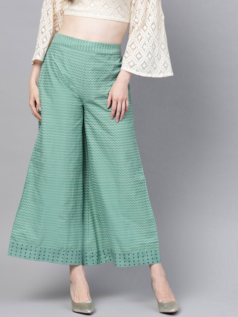 

W Women Green Chevron Print Wide Leg Palazzos