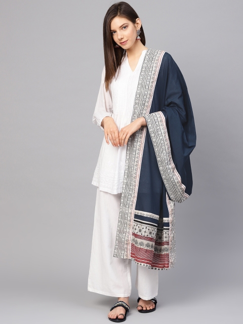 

W Navy Blue & Off-White Solid Pure Cotton Dupatta