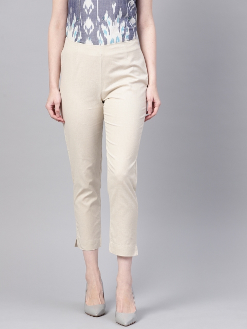 

W Women Beige Regular Fit Solid Cropped Cigarette Trousers