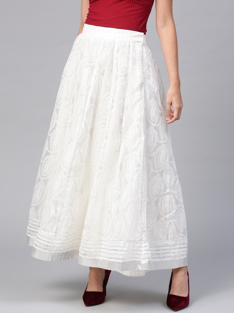 

W Women White & Silver Printed Layered Maxi Flared Skirt