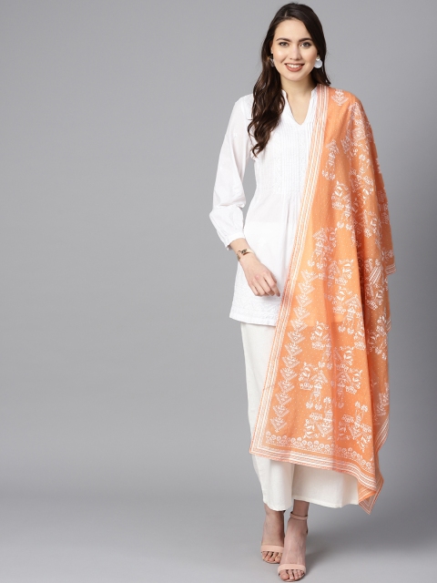 

W Peach-Coloured & White Printed Pure Cotton Dupatta