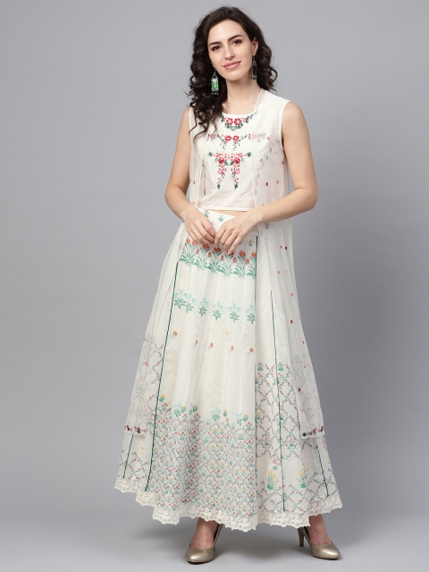 

W Women Off-White & Green Embroidered Crop Top with Skirt & Ethnic Jacket