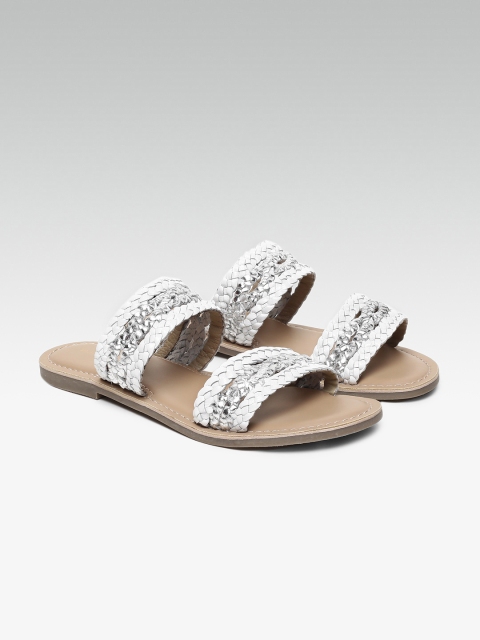 

Steve Madden Women White & Silver-Toned Woven Design Leather Open Toe Flats