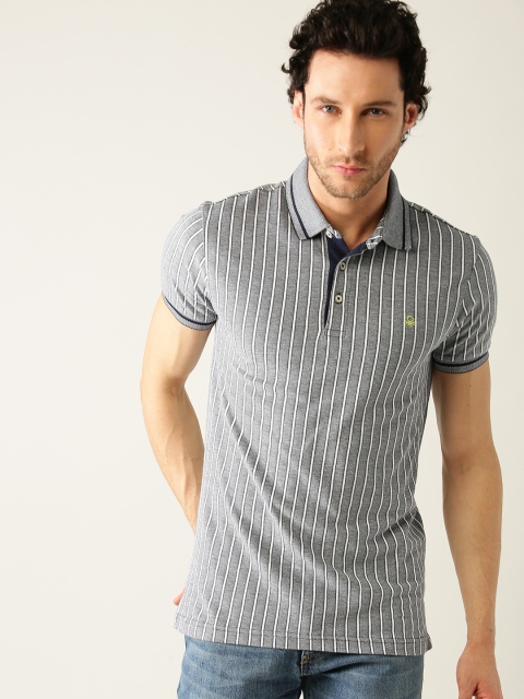 

United Colors of Benetton Men Grey & White Striped Polo Collar T-shirt