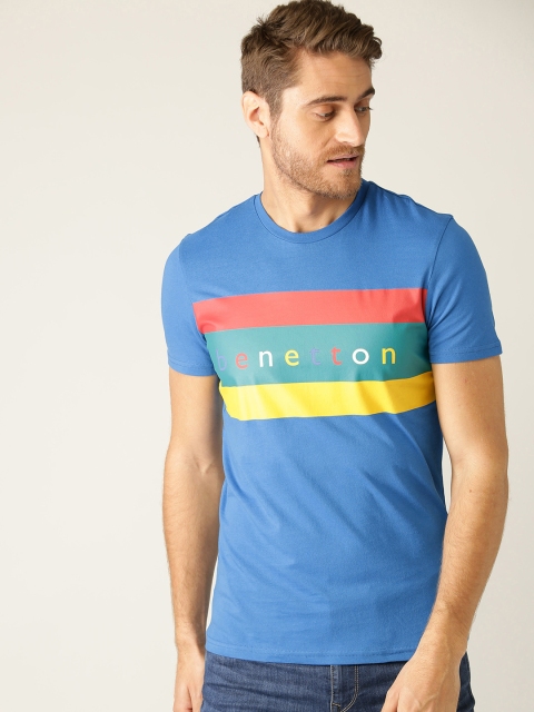 

United Colors of Benetton Men Blue Striped Round Neck T-shirt