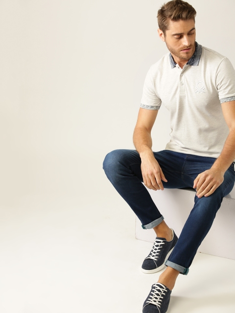 

United Colors of Benetton Men Grey Melange Solid Polo Collar T-shirt