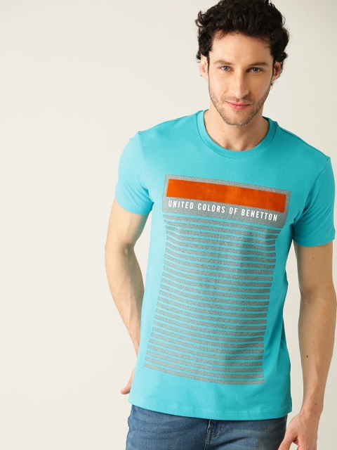 

United Colors of Benetton Men Turquoise Blue & Charcoal Grey Striped Round Neck T-shirt
